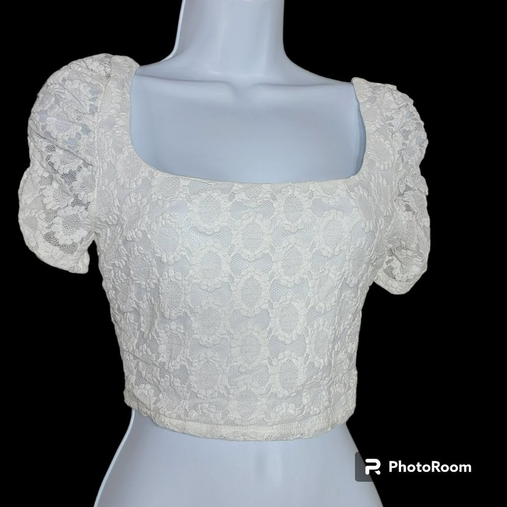 Evolutionary Crop Top, Junior's S, White Lace Daisy Crop Top, Sheer in Back, NWT